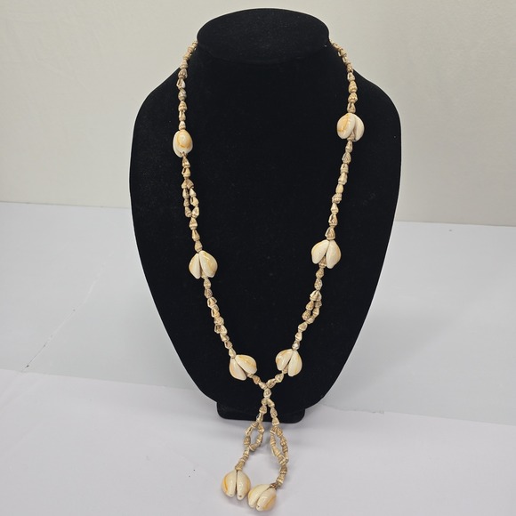 Jewelry - Vintage Natural Cowrie Shell Long Lariat Necklace Boho Coastal Cream Tan